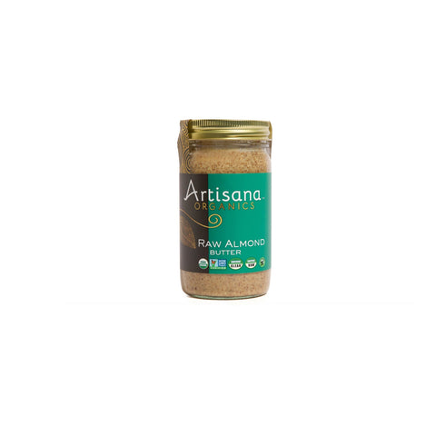 Organic raw almond butter on white background