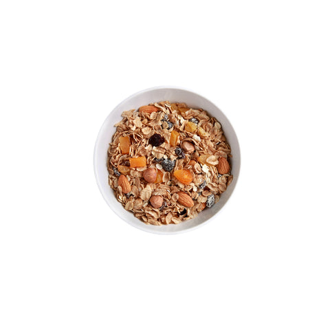 Organic Almond Raisin Muesli on white background