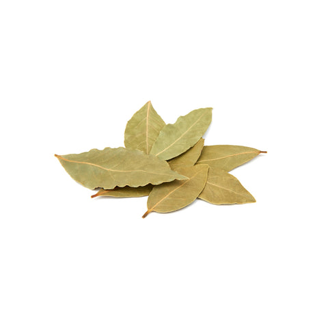 Organic whole dried bay leaves on white background
