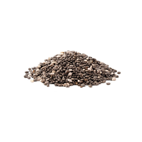 Organic black chia seeds on a white background