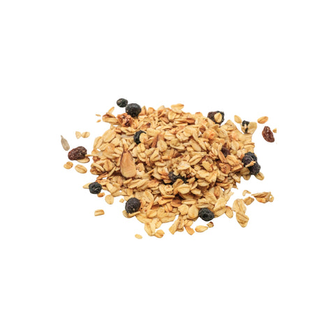 Organic blueberry almond granola on a white background