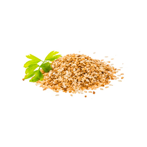 Organic whole brown sesame seeds on a white background