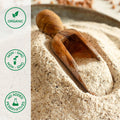 Wooden scoop in a pile of organic  buckwheat flour