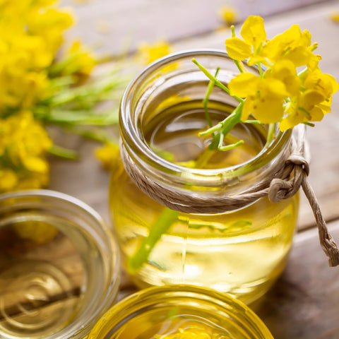 Glass jars filled with a organic canola oil, with yellow flowers on a wooden surface.