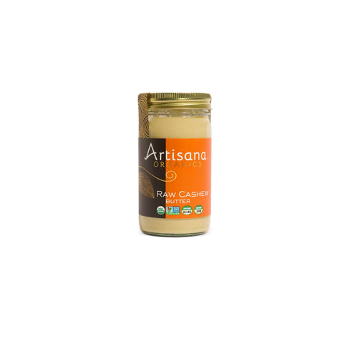 Jar of smooth organic cashew butter made from raw cashews with no added ingredients on white background