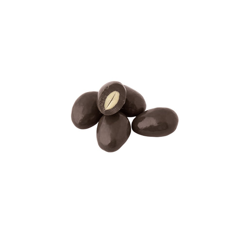Organic dark chocolate covered almonds on white background