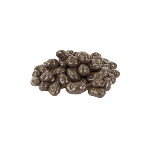 Organic chocolate covered raisins on a white background