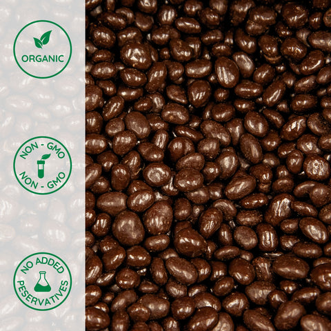 Close-up of organic chocolate covered raisins