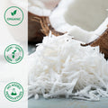 Close-up of shredded unsweetened organic coconut pieces