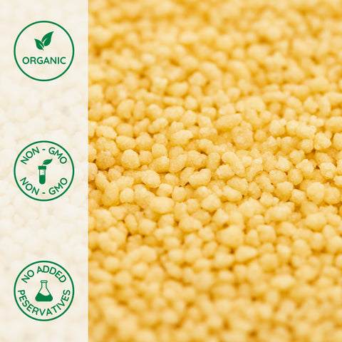Close-up of organic couscous granules made from durum wheat
