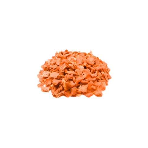 Dehydrated organic diced carrots in vibrant orange color on white background