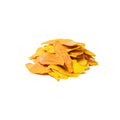Organic dried mango slices, unsweetened and chewy on white background