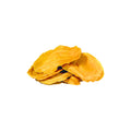 Organic dried mango slices, unsweetened and chewy on white background