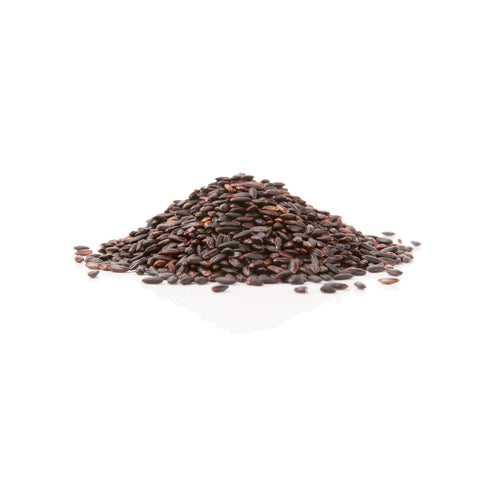 Organic black forbidden rice grains, uncooked on a white background