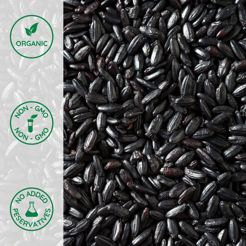 Close-up of uncooked organic black forbidden rice grains