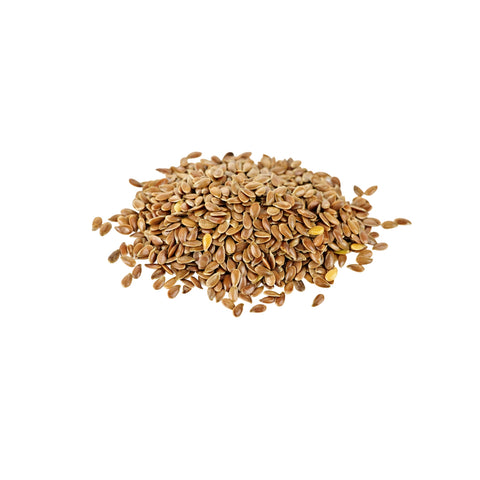 Organic Golden flax seeds on a white background