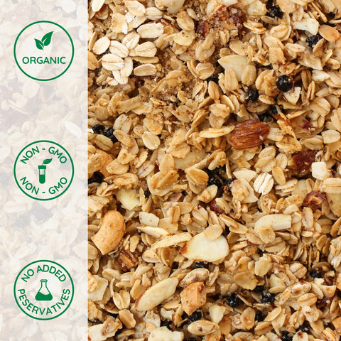 Close-up of organic maple fruit and nut granola
