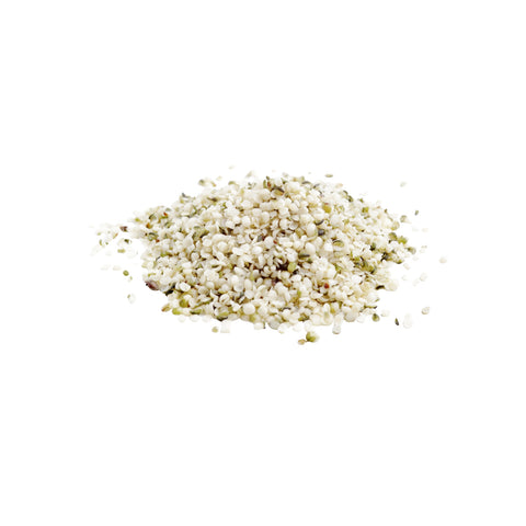Organic crushed hemp seeds on white background