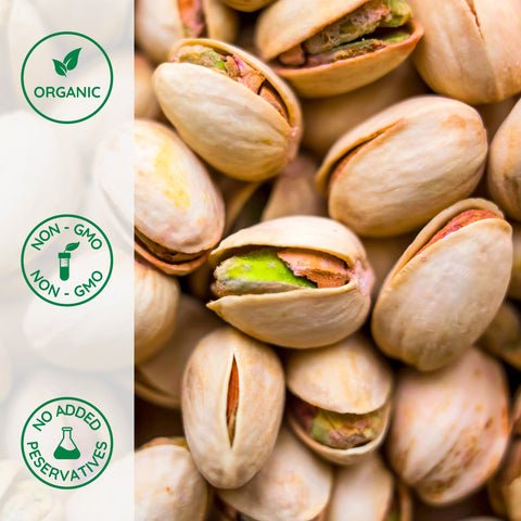 Close-up of organic raw unsalted in-shell pistachios