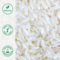 Close-up of organic long grain white rice grains