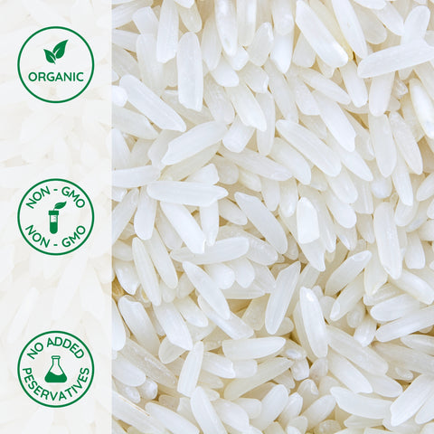 Close-up of organic long grain white rice grains
