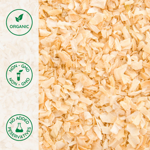 Close-up of dried minced organic onion flakes