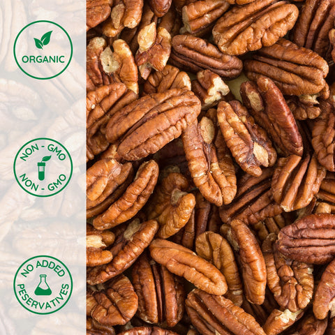 Close-up of organic raw pecan halves