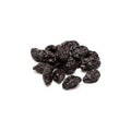 Organic pitted prunes with rich, glossy texture on white background