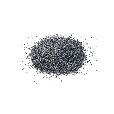Whole organic poppy seeds with a rich black-blue color on white background