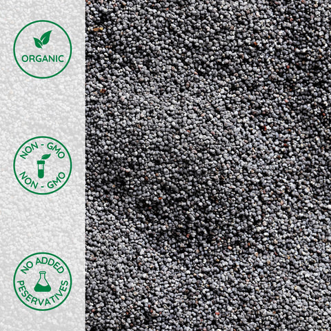 Close-up of organic whole poppy seeds