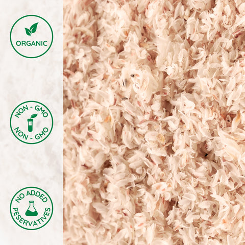 Close-up of organic psyllium seed husk in a bowl on a white background