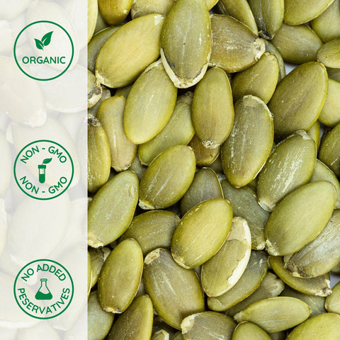 Close-up of raw organic hulled pumpkin seeds