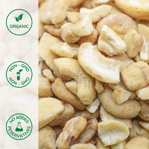 Close-up of organic raw cashew pieces