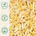 Close-up of organic semolina orzo pasta