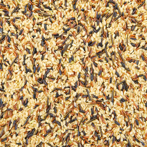 Close-up of mixed wild rice with black, brown, and white grains