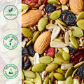 Close-up of organic trail mix with nuts, seeds and dried fruits