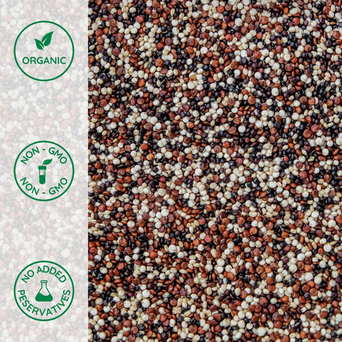Close-up of organic white, red and black quinoa