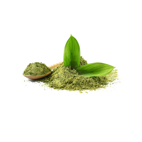 Organic wheatgrass powder on a white background
