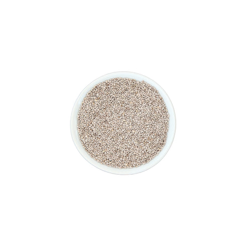Organic white chia seeds on a white background
