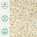 Close-up of organic hulled white sesame seeds