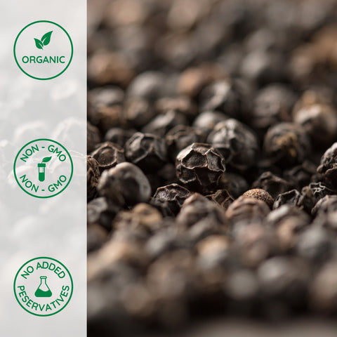 Close-up of organic black peppercorns