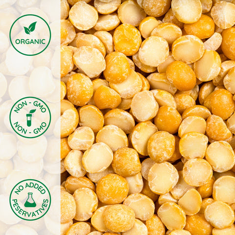 Close-up of organic yellow split peas, dry and uncooked